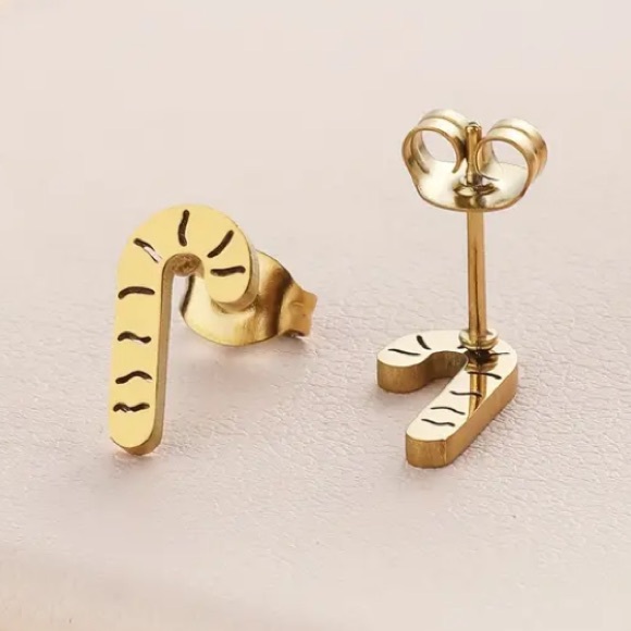 Candy Cane Laser Cut Gold Toned Christmas Holiday Stud Earrings - Picture 2 of 2